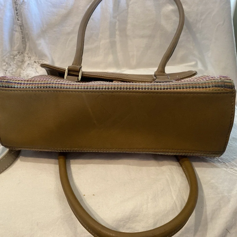 Vintage Liz Claiborne Multicolor Woven Faux Leather Satchel Purse, Tan Handbag